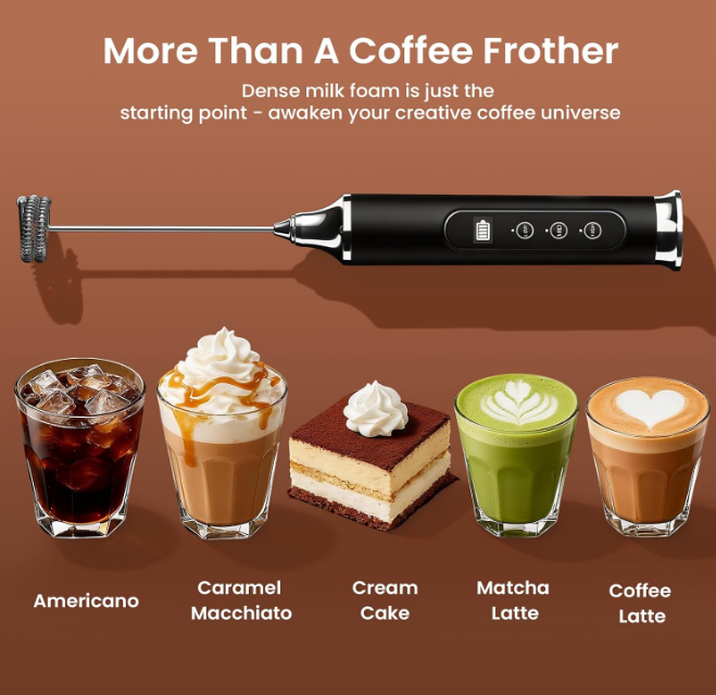 Coconwell milk frother LED display and USB-C charging